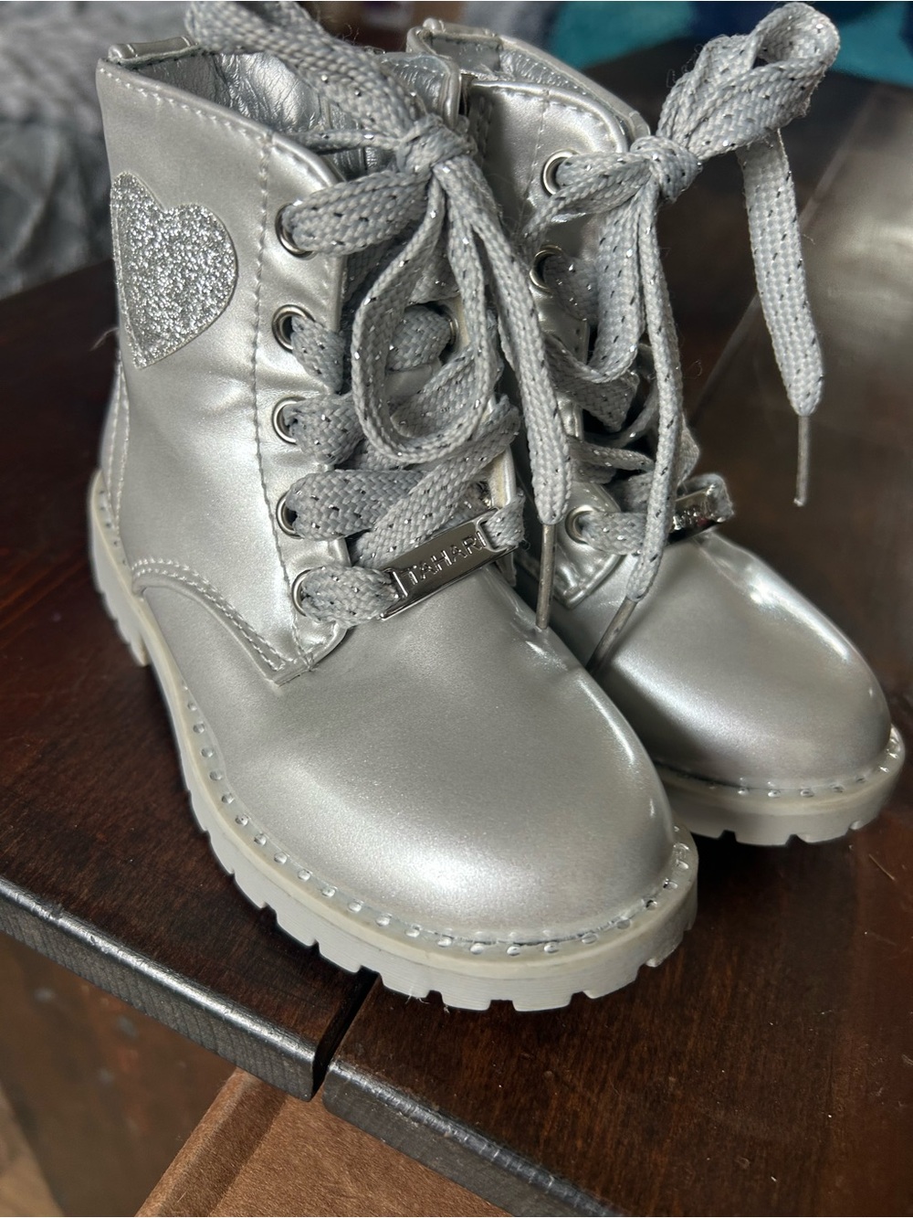 Tahari Silver Glitter Heart Lace-Up Kids Boots